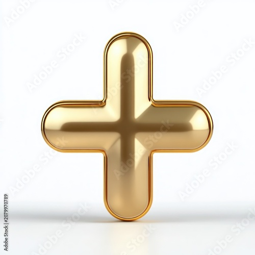 Glossy gold rounded 3D plus sign standing on a white surface with soft shadow, minimalist elegant symbol conveying luxury and positive energy