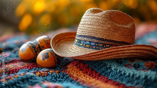Straw cowboy hat and maracas on colorful blanket
