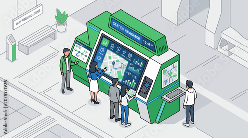 People using a digital wayfinding interactive kiosk in a modern terminal