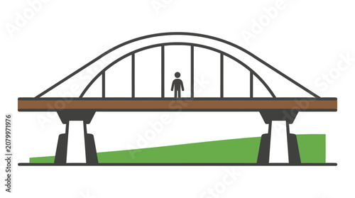 Flat vector illustration of a modern arch bridge over a grassy area