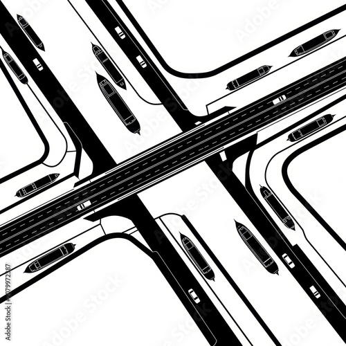 Top down view of a highway interchange with cars driving on roads in a city transportation network illustration
