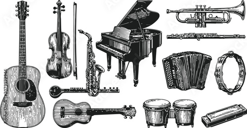 Canvas Print A collection of musical instruments depicted in an engraving vintage style for a