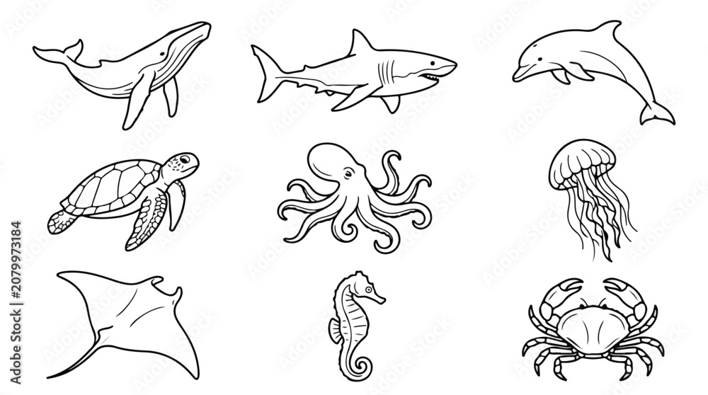 Fototapeta premium Ocean Wildlife Vector Icons Set: Whale, Shark, Dolphin, Turtle, Octopus, Jellyfish, Stingray, Seahorse, Crab Illustrations for Marine Biology and Aquatic Themes