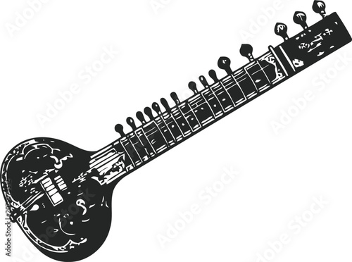 Fotografía An engraving of a vintage sitar instrument on a white background representing cu