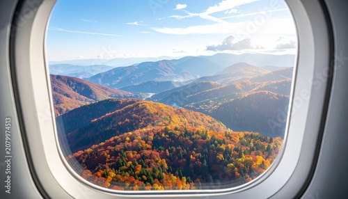 Airplane Window View Over Colorful Autumn Mountains