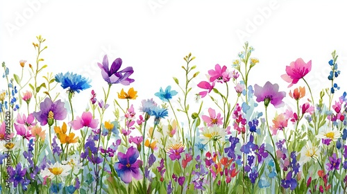Beautiful watercolor painting of vibrant wildflowers arranged in a lush garden border against a clean and simple white background area