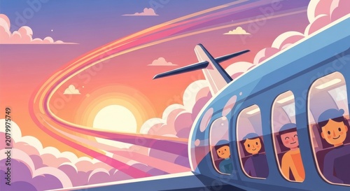 Happy passengers looking out the airplane window at a beautiful sunset in the sky with fluffy pink clouds