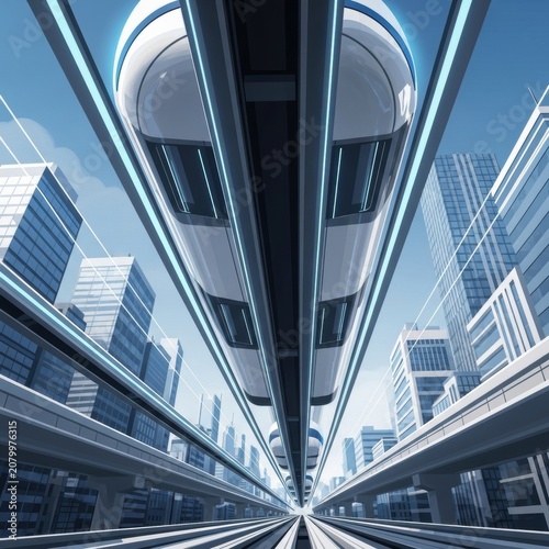 Modern monorail train moving fast above a city street with tall glass buildings under a clear blue sky during the day