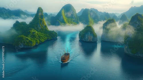 Traditional wooden boat sailing through turquoise water among misty green karst islands and steep limestone cliffs at dawn, tranquil and awe-inspiring seascape