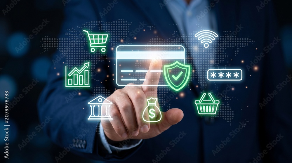 Fototapeta premium Secure online payment concept showing a businessman authenticating a digital credit card transaction, highlighting fintech innovation, financial security, encryption, and global ecommerce trends