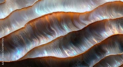 Close-up of iridescent mother-of-pearl shell with flowing wavy layers and shimmering blue, purple and green hues, evoking a serene, mesmerizing glow