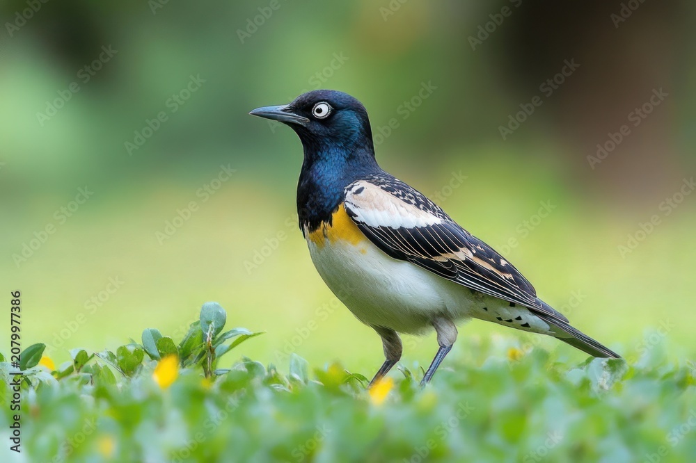 Obraz premium colorful songbird with black head, yellow chest and white eye ring standing on green grass with tiny yellow flowers, alert and curious