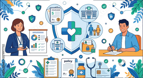 Health insurance agents review medical policy documents and patient records to provide coverage plans.