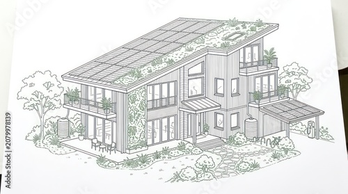 Detailed architectural drawing of futuristic eco friendly house with green energy systems.