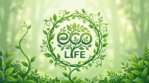 Green eco life emblem with tree roots and swirling leaves in organic style natural badge.