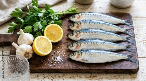 Several fresh whole sardines, lemons, and parsley arranged for cooking on a rustic wooden board