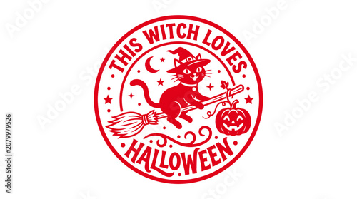 Cute Witch Cat Flying Broomstick Halloween Pumpkin Red Graphic