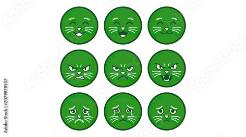 Green Cat Emoticons Set: Happy, Angry, Sad Expressions