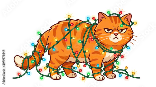 Grumpy Orange Cat Tangled in Colorful Christmas Lights