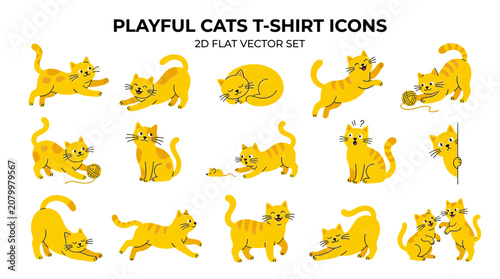 Playful Cats T-Shirt Icons: 2D Flat Vector Set of Cute Yellow Kittens