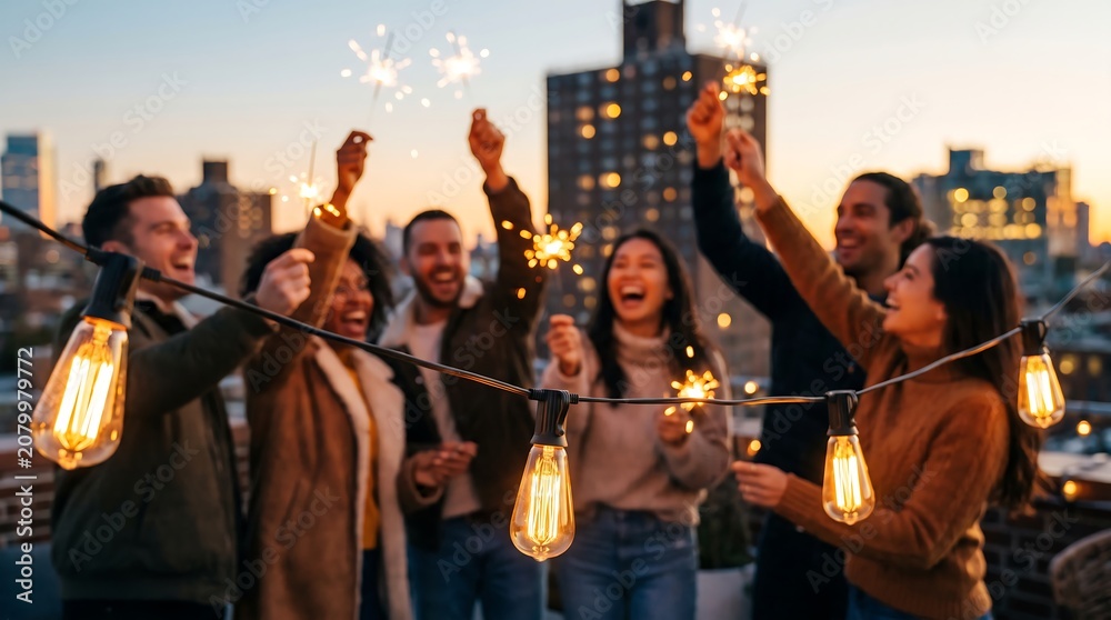 Obraz premium Friends holding sparklers on rooftop terrace at sunset with city skyline in background and warm string lights creating festive atmosphere for celebration