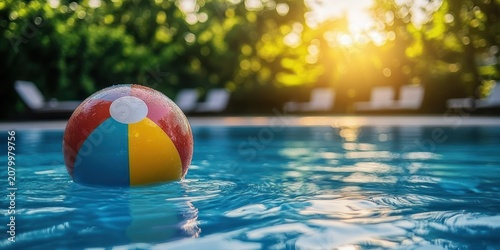 Colorful beach ball floating on clear blue pool water at golden sunset with sun glare and bokeh of trees and lounge chairs conveying warm relaxed summer leisure
