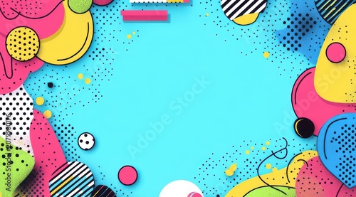 Bright playful abstract background with cyan center surrounded by colorful layered geometric shapes, circles, stripes, halftone dots and confetti, energetic retro vibe