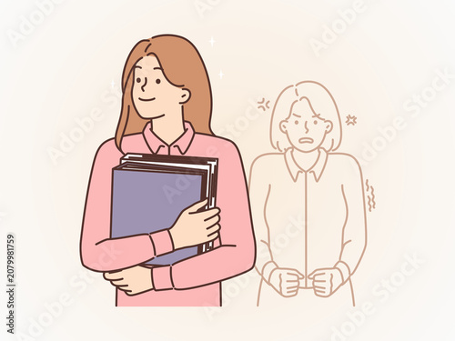 Quadro em tela Happy and Successful Young Businesswoman Moving Forward, While an Envious Female