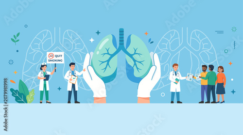 World lung cancer day illustration with doctors advocating for healthy lungs and smoking cessation