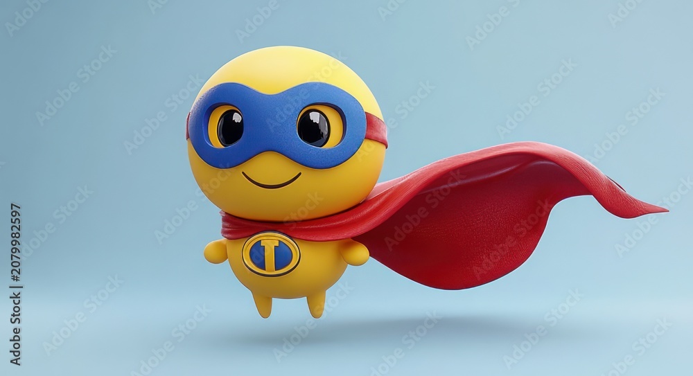 Fototapeta premium smiling round yellow superhero mascot with blue mask and flowing red cape floating against a soft blue background, playful and joyful