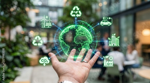 Sustainable business vision featuring hand holding green earth hologram with icons for energy transition and environmental conservation