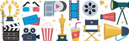 Bild auf Leinwand Cinema icon set, vector cartoon flat collection featuring movie cameras, popcorn