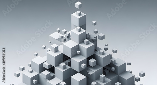 A futuristic pile of various sized gray cubes and small hearts scattered around on a gradient background