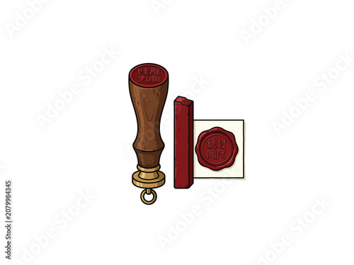 Fotografi Traditional Wooden Stamp Handle With Red Cinnabar Sealing Wax And Envelope Featu