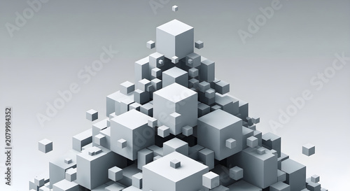A large pile of various sized gray cubes stacked haphazardly upwards.