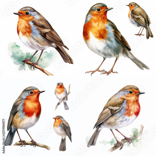 Collection of European Robin Birds Watercolor Illustrations Featuring Various Poses and Detailed Feathers for Nature Design