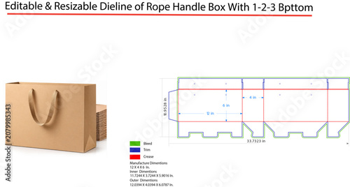 Foto Dieline template for a rope handle paper shopping bag with 1-2-3 bottom