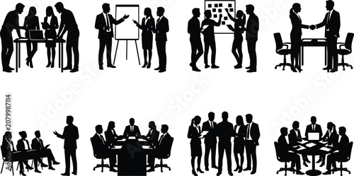 Business Meeting and Team Collaboration Silhouette Icons Set for Corporate Communication and Leadership