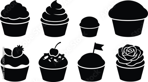 Cupcake Silhouette Collection with Frosted Muffins and Decorative Bakery Dessert Vector Icons