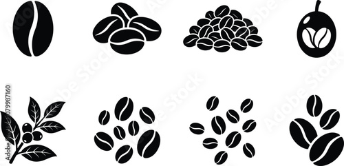 Coffee Bean Silhouette Collection with Roasted Beans Plant Branch and Organic Coffee Icons Set
