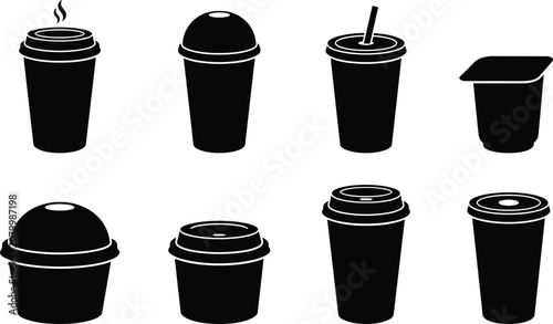 Disposable Coffee Cup Silhouette Collection with Hot Drink Cold Beverage and Takeaway Cup Vector Icons