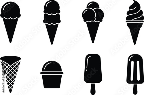 Ice Cream Silhouette Collection with Cones Popsicles Cups and Frozen Dessert Vector Icons
