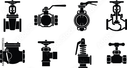 Industrial Valve Silhouette Collection with Gate Ball Butterfly Check and Control Valve Vector Icons