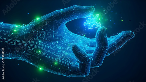 A glowing blue hand with green lights holds a bright orb.