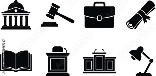 Law and Justice Icon Set with Court, Judge, Legal Documents and Government Institution Silhouettes
