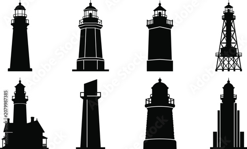 Lighthouse Silhouette Icon Set with Coastal Beacons, Maritime Navigation Towers and Seaside Landmarks
