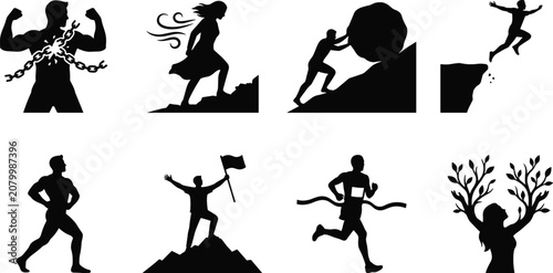 Motivational Success and Personal Growth Silhouette Icons Set with Achievement and Determination Concepts