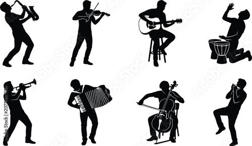 Musician Silhouette Icon Set with Guitar, Violin, Saxophone, Trumpet, Cello and Percussion Performers