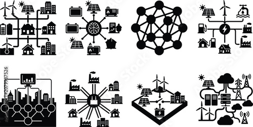 Smart Energy Network and Microgrid Silhouette Icon Collection with Renewable Power Distribution Systems