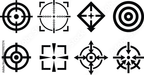 Target Crosshair Silhouette Icon Collection with Aim Focus and Precision Vector Symbols